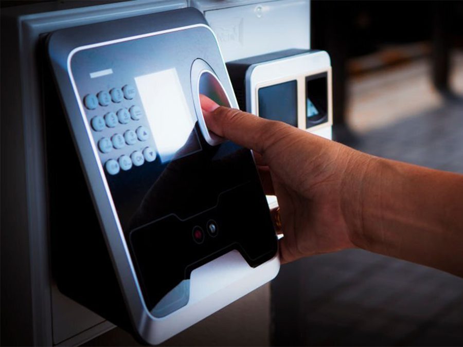 A biometric fingerprint reader used for door access control.