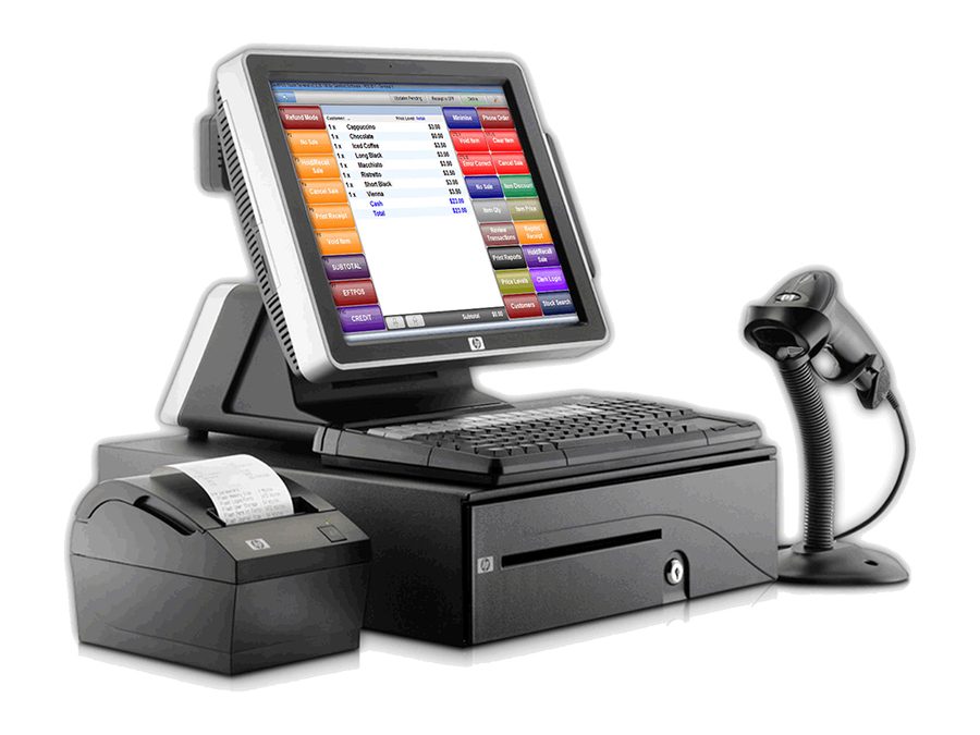 A point-of-sale terminal in use at a retail counter.